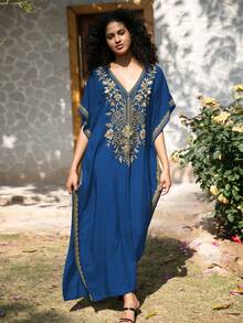 Royal Blue Embroidered Dubai Style Casual Short Sleeve Robe For Women - Royal Blue - View 7