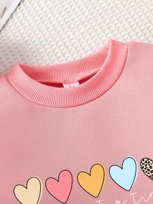 Toddler Heart Print Warm Crew Neck Sweatshirt And Pants Set - Pink - View 3