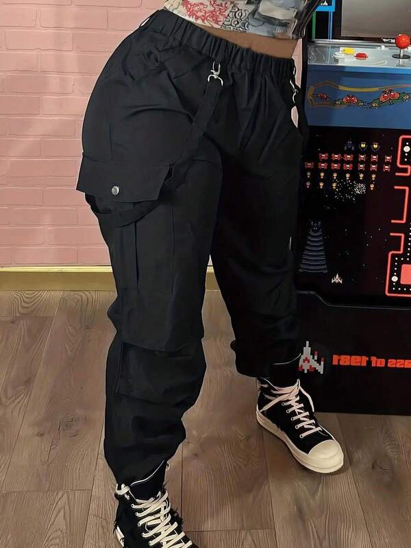 Women's Spring Autumn Flap Pocket Cargo Pants Y2k Elastic Waist Loose Suspender Casual Jogger Sweatpants