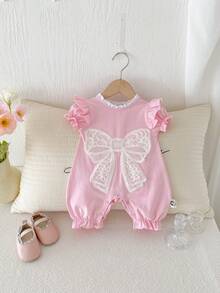 Baby Girls' Sweet Elegant Lace Ruffle Bow Romper, Spring/Summer - Pink - View 1