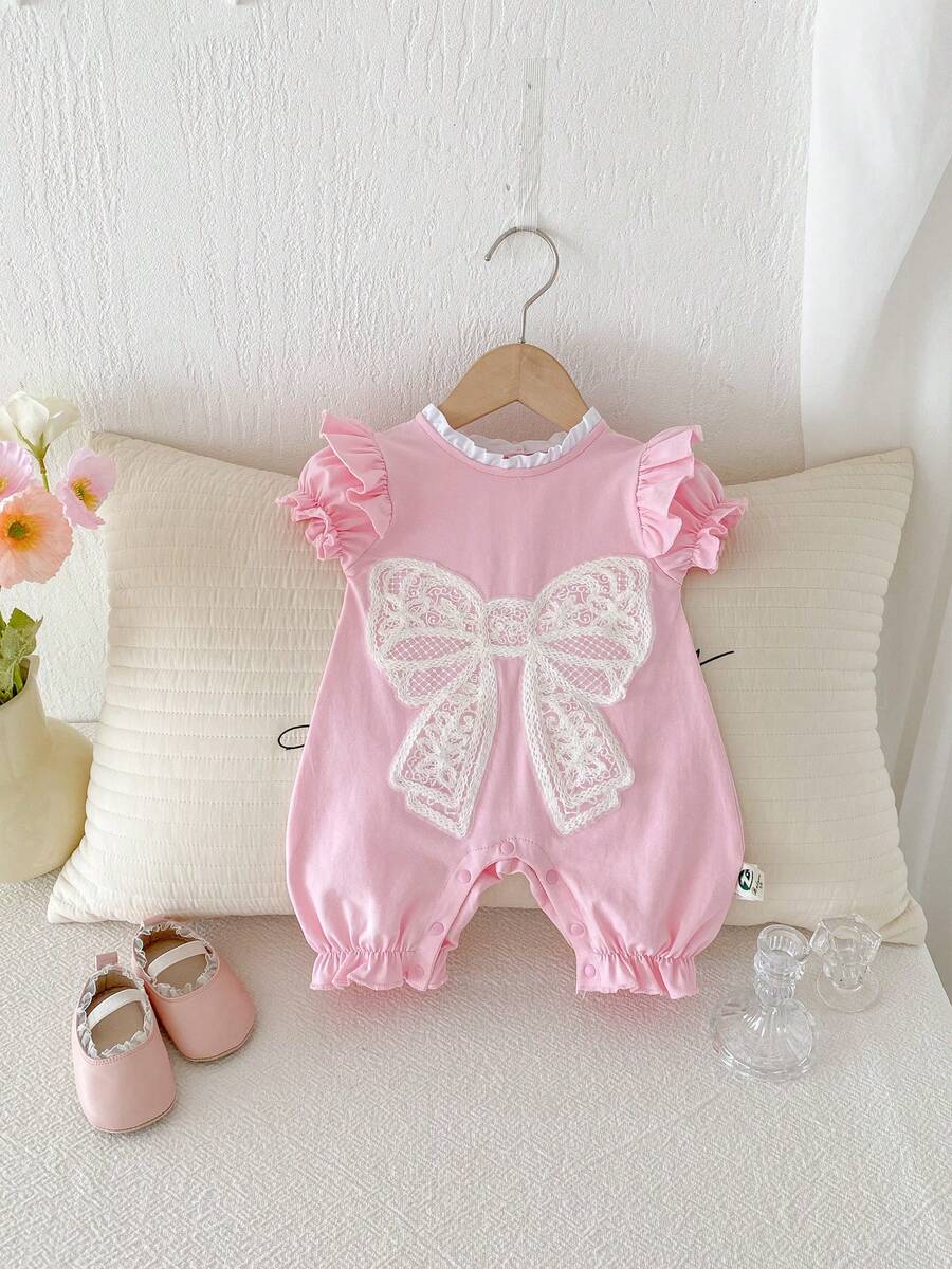 Baby Girls' Sweet Elegant Lace Ruffle Bow Romper, Spring/Summer - Pink - View 1