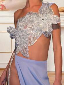 Women's 3D Flower Gorgeous Sequin Decor One Shoulder Sleeveless Bandeau Top Slim Fit Going Out Party Camisole - 藍色 - 查看 2