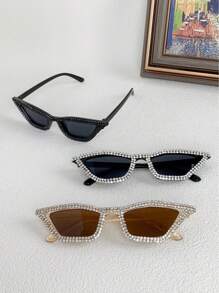 3pcs European & American Cat Eye Rhinestone Embellished Fashion Fashion Glasses For Women