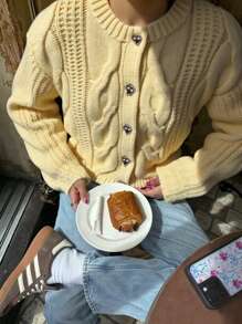 2025 Autumn/Winter Women's Fashion Street Style Casual Loose Cozy Chunky Knit Heart Button Cardigan Sweater, Basic Tops, Fall Clothes, Homecoming, Back To School, Modest Women, Party Women, Y2K Women, Tops For Going Out, Concert Women, Date Night Women