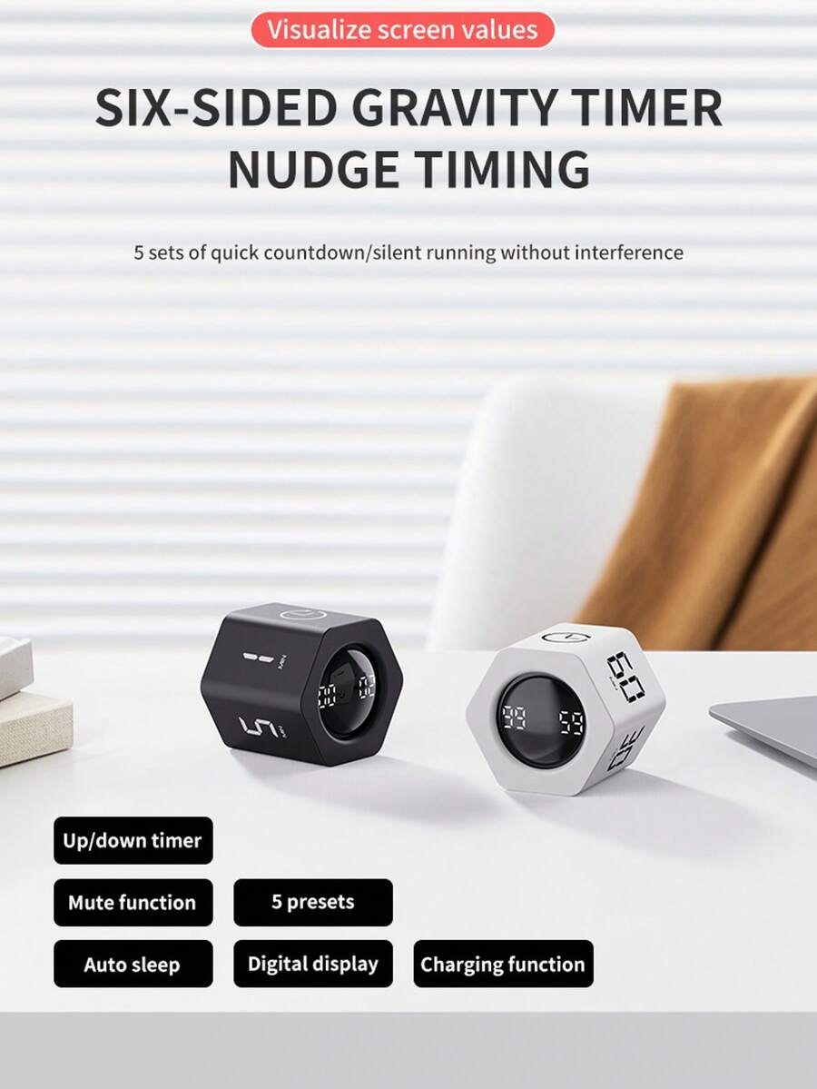 1pc Rechargeable 500mAh Kitchen/Study/Game Timer, 1/5/10/30/60min Hexagon Desk Flip Rotary Loop Productivity Timer Cube Big Screen Countdown Visual Pomodoro Timer, , A Great Gift