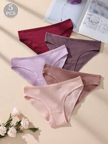 5条装女士纯棉低腰性感罗纹无缝三角内裤，休闲舒适简约弹力透气内裤