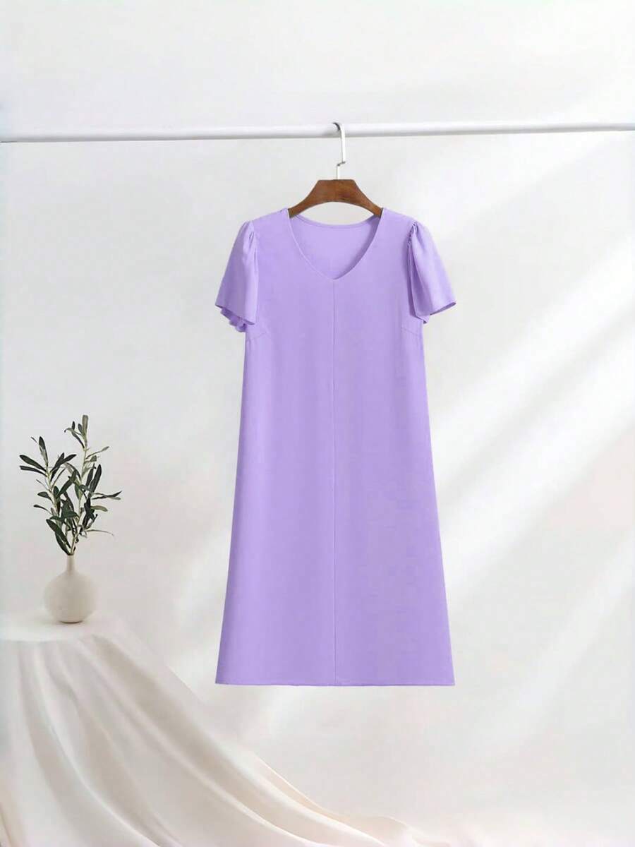 SuofeiMan New Elegant V-Neck Dress, Versatile Solid Color Slim Fit Midi Dress For Commuting & Casual Wear, Summer/Autumn - Purple - View 1