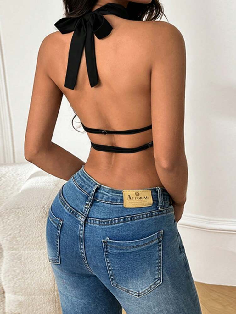 Blusa de satén con cuello halter y espalda descubierta para mujer WOWDARK, color negro, sexy y de moda, adecuada para el Día de San Valentín, citas, reuniones, fiestas, viajes, vacaciones, playa - Negro - Añade 7