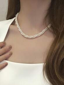1 件多层仿珍珠螺旋项链，适合女性日常佩戴、珠宝配饰、生日/节日礼物 - 白色 - 查看 2