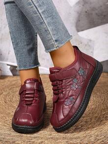 女士花纹魔术贴踝靴，休闲日常穿着，防水，防寒，防滑户外雪地靴，冬季新品 - 紅色 - 查看 5