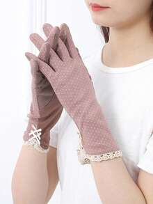 1双女士小圆点蕾丝防紫外线防滑驾驶手套，薄款触摸屏丝绸长手套秋季配饰 - 彩色 - 查看 1