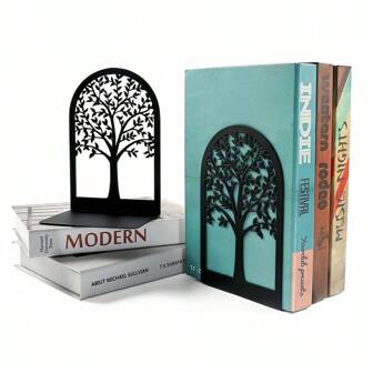 1 Pair Black Tree Of Life Metal Bookends, Desktop Book Holder For Office, Home, Gift For Book Lovers, Iron Desk Bookshelf