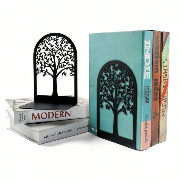 1 Pair Black Tree Of Life Metal Bookends, Desktop Book Holder For Office, Home, Gift For Book Lovers, Iron Desk Bookshelf