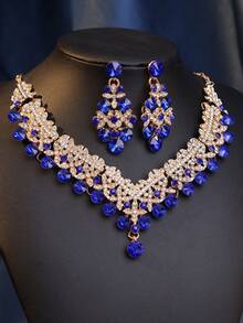 4pcs Fashionable Bridal Crown Necklace And Earrings Set Zinc Alloy Tiara Rhinestone Wedding Jewelry Set For Brides - Elegant Wedding Accessory Kit - 寶藍色 - 查看 12