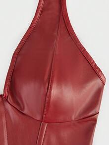 Yuwenier Rave Y2K V-Neck Rivet Front Lace-Up Backless PU Leather Crop Top, Sexy Avant-Garde Music Festival Shirt - Red - View 7