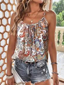 Western Style Pleated Loose Cami Top Casual - Multicolor - View 3