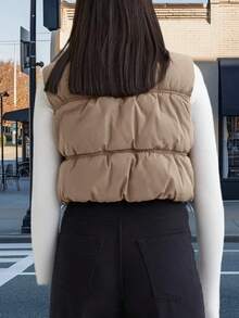 Women's Crop Puffer Vest Winter Zip Up Lightweight Sleeveless Warm Outerwear Padded Coat - 卡其色 - 查看 2