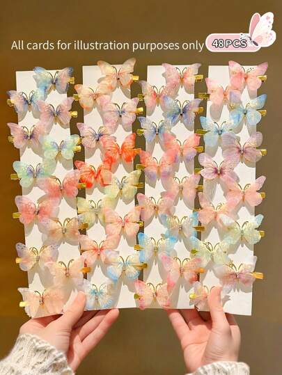 Conjunto de 48 presilhas de cabelo coloridas em degradê com borboletas artificiais para meninas. Mini presilhas com strass transparentes, acessórios de cabelo fofos, perfeitos para a volta às aulas, uso diário, Natal e como presente de Natal para crianças.