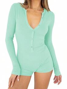 Women's 2025 Spring Sexy V Neck Long Sleeve Shorts Romper Y2k One Piece Jumpsuit Bodycon Pajama Set Gym Bodysuit - 藍綠色 - 查看 1
