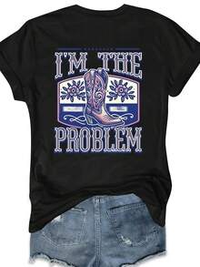 I'm The Problem Text Graphic Casual Round Neck Short Sleeve T-Shirt, Country Music Lover Gift - Black - View 3