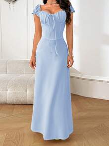 WOWDARK Damen Kleid mit Schlitz vorne und Kurzarm für den Herbst - Blau - Übersicht 2