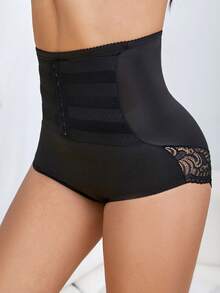 女式高腰蕾丝边收腹紧身打底裤 - 黑色 - 查看 5