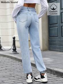 百搭休闲时尚松紧腰直筒牛仔裤，优雅简约的设计，春秋女士裤子 - 藍色 - 查看 3