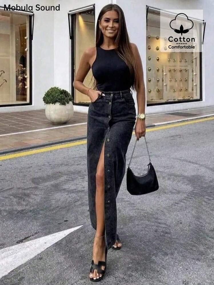 Falda vaquera larga de verano con detalles de botones y diseño de abertura elegante, inspirada en el estilo de Medio Oriente, para mujeres - Gris Oscuro - Añade 1