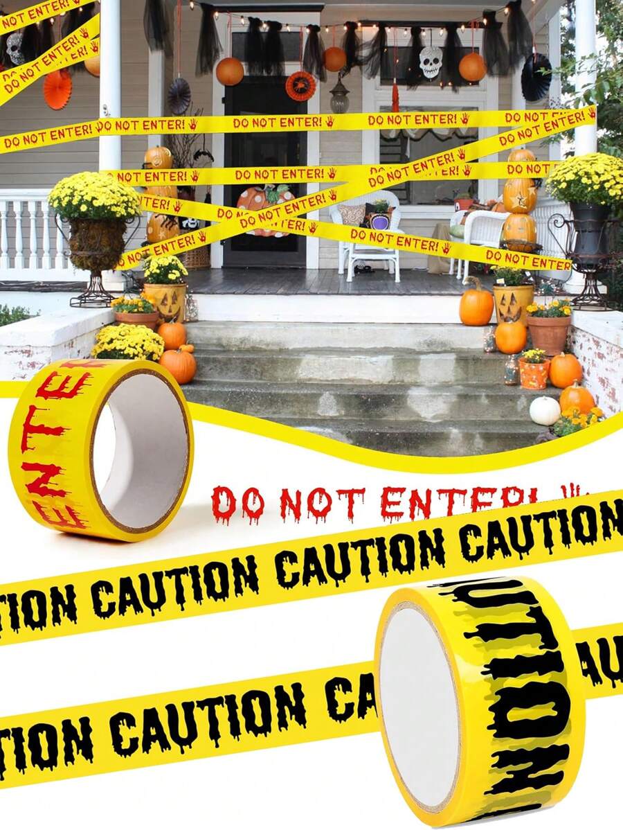 1pc Halloween Caution Tape - Blood-Splatter & Handprint Design, Bright Yellow With Red Drip "DO NOT ENTER" Text - Horror Party Decor, Haunted House Warning, Spooky Event Security Barrier, Party Door & Yard Crime Scene Decor, Halloween Decorations