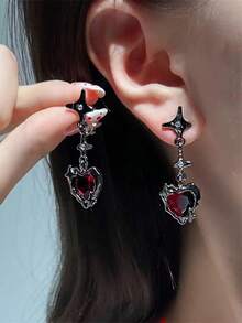 1 Pair Heart-Shaped Metal & Resin Crystal Earrings, European & American Style Personalized Fashion Earrings For Women & Girls, Travel, Wedding, Party, Birthday, Christmas Gift 2025 - Black - View 1