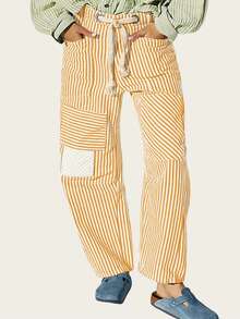 Women's Y2k Striped Long Pants Elastic Waist Drawstring Pants Wide Leg Patchwork Pants Loose Trousers With Pockets - 黃色 - 查看 1