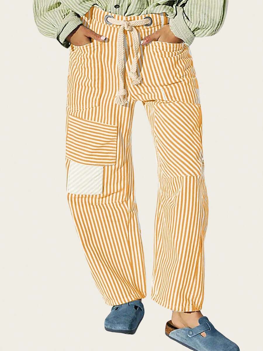 Women's Y2k Striped Long Pants Elastic Waist Drawstring Pants Wide Leg Patchwork Pants Loose Trousers With Pockets - 黃色 - 查看 1