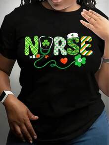 1pc Nurse Theme Printed Women'S T-Shirt, Casual Round Neck Knit Top, Polyester Blend, All Season Comfort Fit Tee - Black - View 1