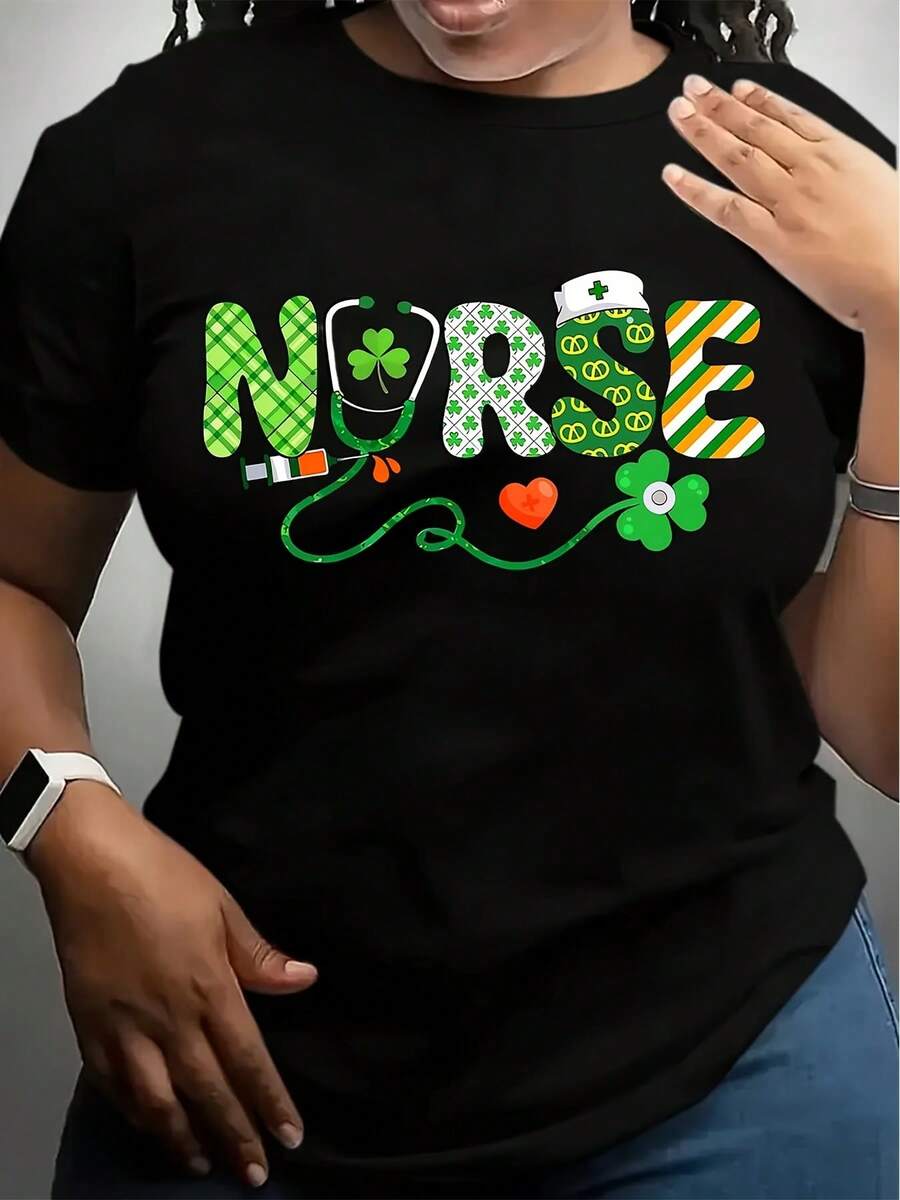 1pc Nurse Theme Printed Women'S T-Shirt, Casual Round Neck Knit Top, Polyester Blend, All Season Comfort Fit Tee - Black - View 1