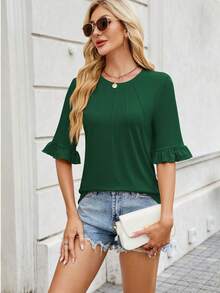 YESFASHION Womens 3/4 Length Sleeve Tops Loose Fit Casual Crew Neck Pleated Shirts Ruffle Tunic Blouses Dark Green - 墨綠色 - 查看 2