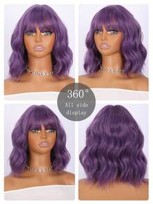 SMILCO 14-Inch Purple Wavy Wig For Women With Straight Bangs To Make Your Face Look Smaller. Medium-Length Hair Is Fluffy And Natural. Fashionable For Daily Outings - Màu tím - Xem 4