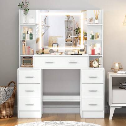 Extra Large Dressing Table W/LED Lights Mirror 7 Drawer White Vanity Makeup Desk
