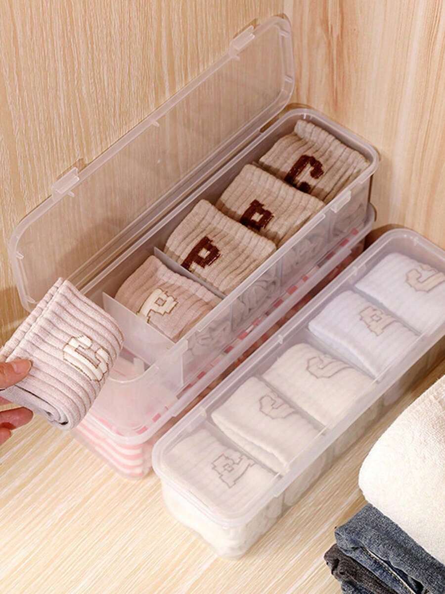 1pc Multi-Functional Plastic Socks, Underwear, Spice Organizer Box, Stackable Compartment Storage Box For Cables, Closet Organizer Box With Flip Cover, Dust-Proof - Clear - View 1