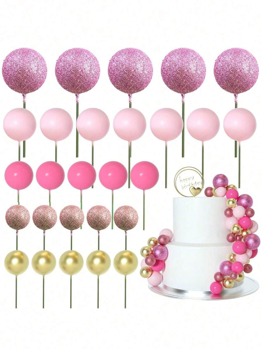 50 pezzi - Bastoncini decorativi in schiuma per torte di festa di nascità, mini palloncini per decorazioni di torte di compleanno, serie rosa, a forma di perla, per decorazioni di feste di compleanno di bambini e bambine, festa di nascità e matrimoni
