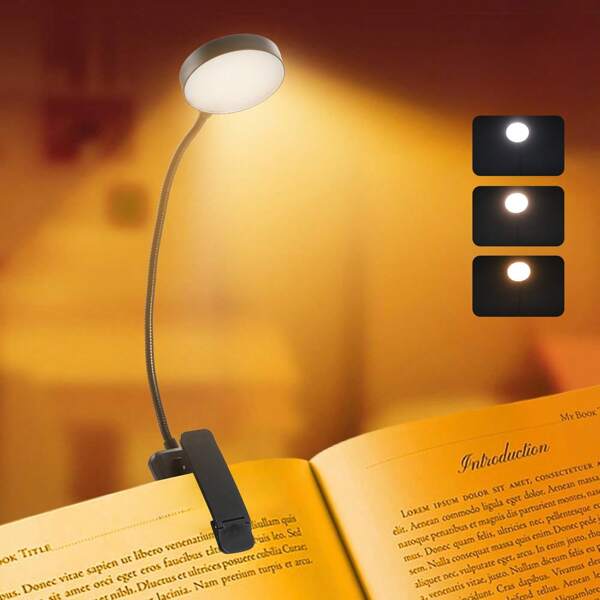 Eine aufladbare Nachttischlampe zum Lesen, mit 3 Farbtemperaturen und 10 Helligkeitseinstellungen, sowie einem flexiblen schwenkbaren Hals in Klemmbauweise.