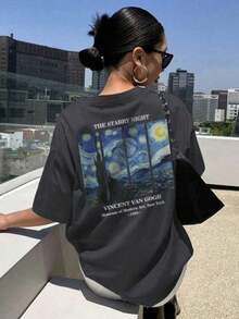 Women's Summer Personalized Letter Printed Pattern Round Neck-Shirt Fashionable And Versatile Women's Half Sleeve Small Shirt With Van Gogh Starry Print. Graphic Tees Women Pink Top White Top Black Top - 深灰色 - 查看 4