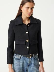 Solid Color Elegant Casual Pocket Front Button Zip Up Long Sleeve Jacket - Black - View 2