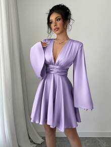 abyoxi Solid Color V-Neck Long Flare Sleeve Waist Ruched Ruffle Hem Satin Elegant Party Dress, Suitable For Wedding, Birthday Party, Back To School Season, Autumn/Winter Women Spring - Purple - View 4
