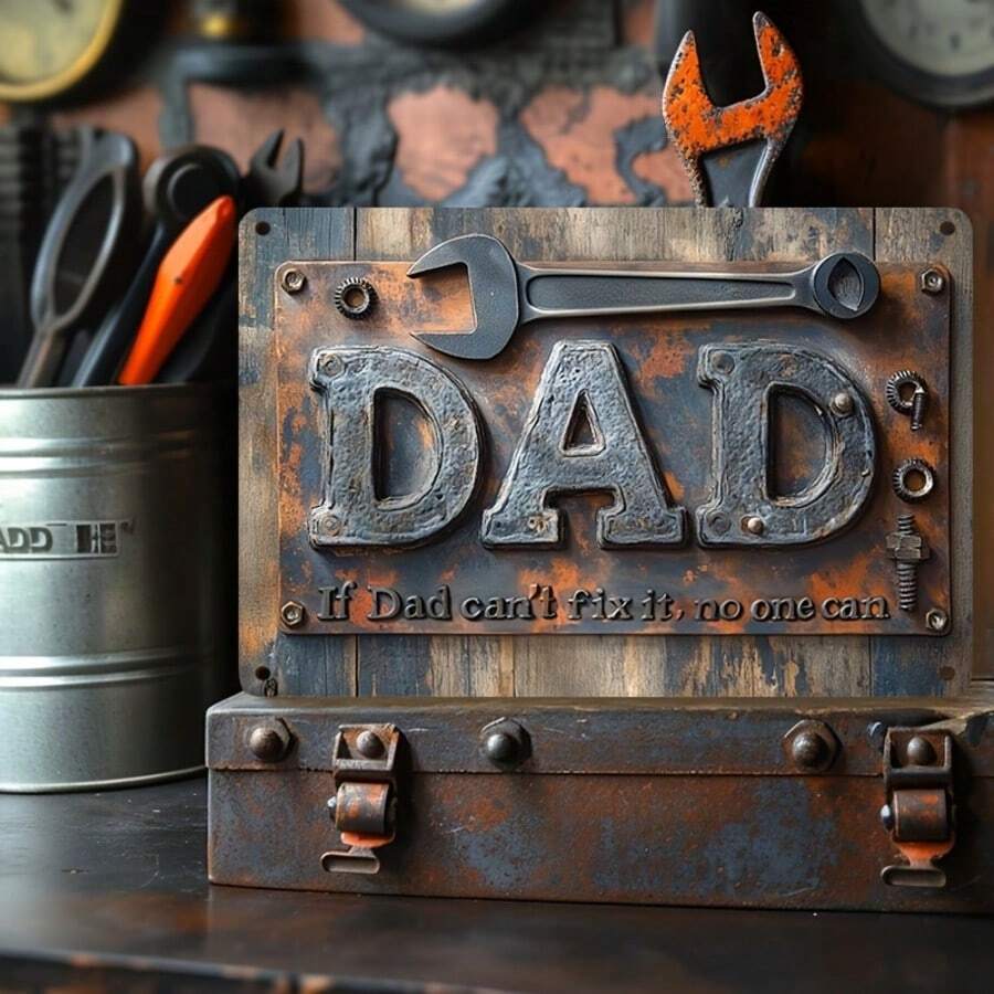 [2D 平面] 复古老爸工作室金属标牌 - “如果爸爸修不好，就没人能修好” - 30.48x20.32 厘米乡村风格墙面艺术，带扳手和螺丝刀设计 - 完美的父亲节礼物，适合家庭、车库、办公室或酒吧装饰 | 非常适合生日派对和乔迁庆典、车库装饰 | 幽默装饰 | 耐用墙面艺术，金属墙面艺术装饰