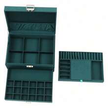 Organizador de joyas exclusivo con 3 cajones de terciopelo y 6 ganchos, estuche de diseño verde esmeralda de 24 x 17 x 11 cm, hecho a mano en madera con superficie antiarañazos, para joyero y almacenamiento de joyas. - Verde - Ver 10