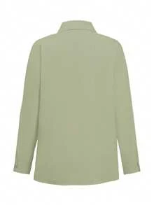 Look Polly 女士春夏纯色棉质衬衫休闲简约单排扣开衫长袖上衣，适合日常海滩度假穿着 - 軍綠色 - 查看 4