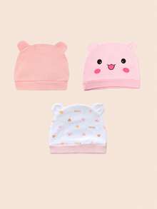 3/6件装 可爱卡通熊耳新生儿帽子 柔软男女宝宝帽子 针织帽 纯色婴儿帽 新生儿摄影帽 0-3个月 - 彩色 - 查看 14