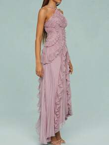 Womens Halter Maxi Dress Sleeveless Backless Tie Up Ruffle Tassel Flounce Party Club Dresses - Mauve Purple - View 2