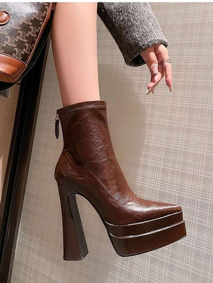 女士尖头超高跟厚底踝靴，粗跟弹力拉链靴，2025秋冬新款，派对装扮 - 棕色 - 查看 1