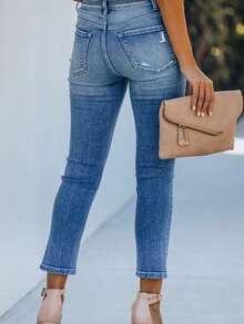 High-Waisted Skinny Jeans For Women With Tapered Legs, White Water-Washed, 25 Years Old, Summer Style, Tight-Fitting To Show The Slender Legs. - 淺色水洗藍 - 查看 3
